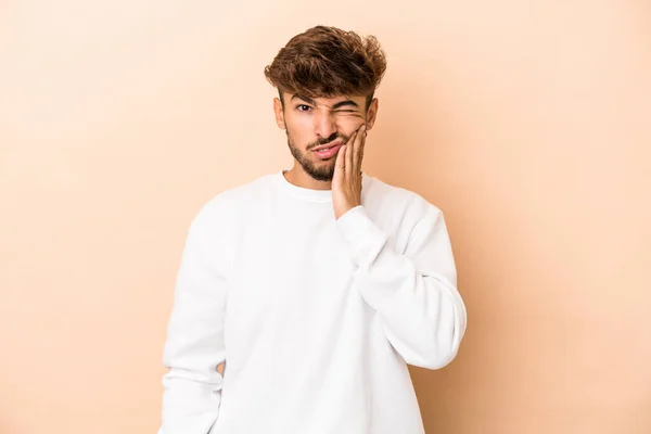 Young Arab Man Isolated Beige Background Having Strong Teeth Pain — Stockfoto