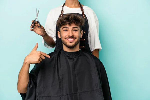 Young Arab Man Ready Get Haircut Isolated Blue Background Person — Fotografia de Stock