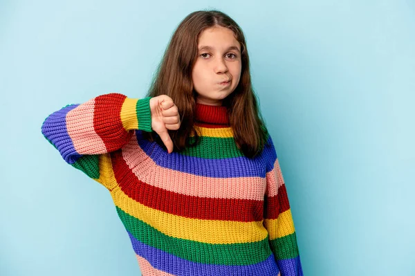 Little Caucasian Girl Isolated Blue Background Showing Dislike Gesture Thumbs — ストック写真