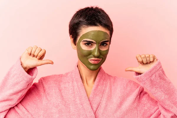 Young Caucasian Woman Wearing Face Mask Isolated Pink Background Feels — Stock Photo, Image