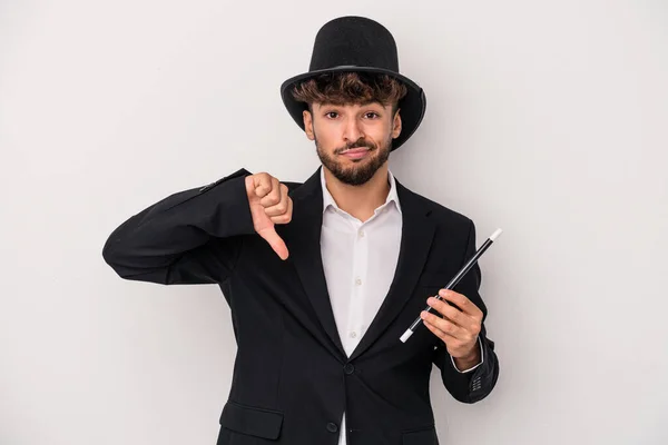 Young Arab Wizard Man Holding Wand Isolated White Background Showing — 图库照片