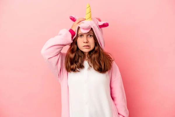 Little Caucasian Girl Wearing Unicorn Pajama Isolated Pink Background Being — Stock Photo, Image