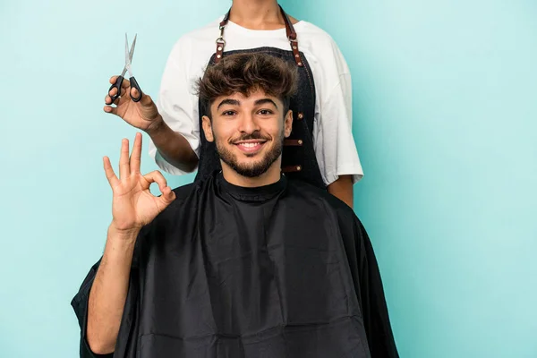 Young Arab Man Ready Get Haircut Isolated Blue Background Cheerful — Stock Photo, Image