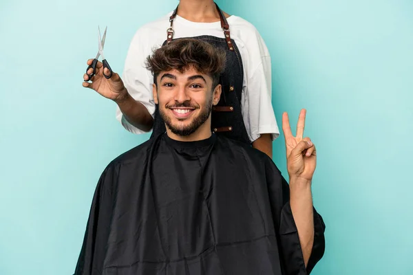 Young Arab Man Ready Get Haircut Isolated Blue Background Joyful — Stock Photo, Image