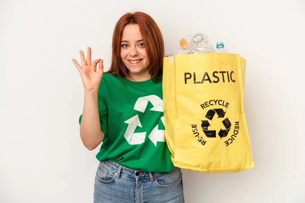 Young Caucasian Woman Recycled Plastic Isolated White Background Cheerful Confident — Zdjęcie stockowe