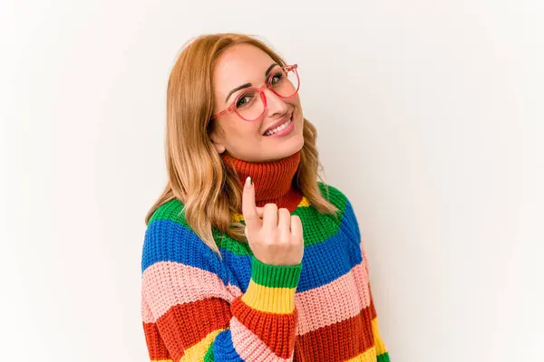 Young Caucasian Woman Wearing Sweater Stripes Isolated White Background Pointing — Zdjęcie stockowe