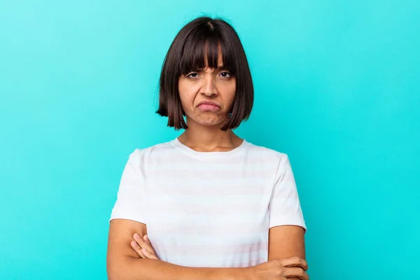 Young Mixed Race Woman Isolated Blue Background Who Bored Fatigued — Stock Photo, Image