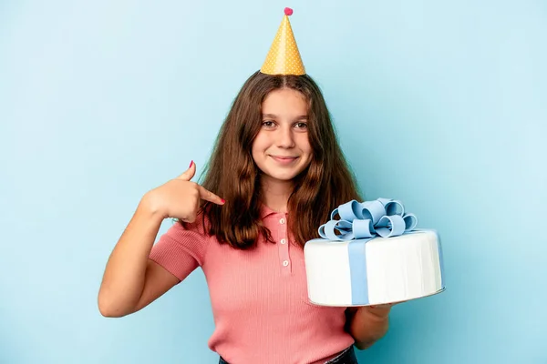 Little Caucasian Girl Celebrating Her Birthday Holding Cake Isolated Blue — ストック写真