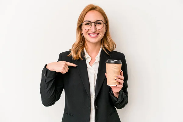 Young Business Caucasian Woman Holding Take Away Coffee Isolated White — 스톡 사진