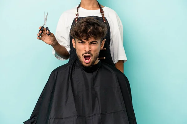 Young Arab Man Ready Get Haircut Isolated Blue Background Screaming — Stock Photo, Image