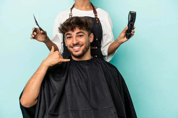 Young Arab Man Ready Get Haircut Isolated Blue Background Showing — Fotografia de Stock