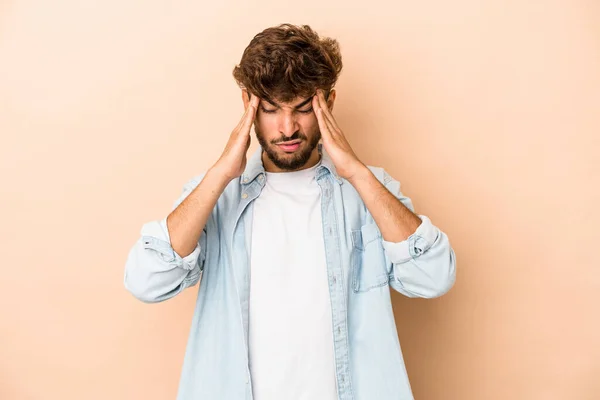 Young Arab Man Isolated Beige Background Having Head Ache Touching — Stockfoto