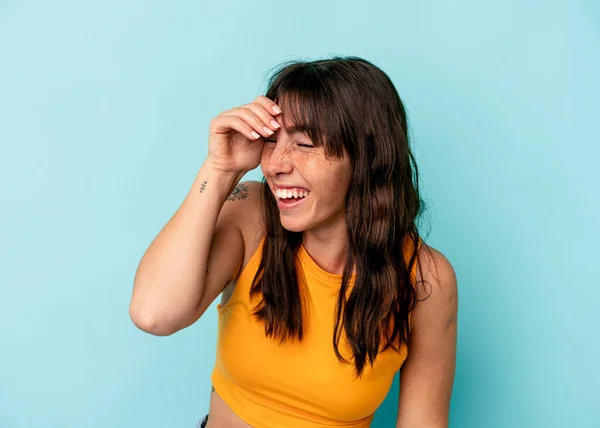 Young Argentinian Woman Isolated Blue Background Joyful Laughing Lot Happiness — Foto de Stock