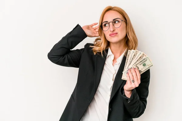 Young Business Caucasian Woman Holding Banknotes Isolated White Background Touching — 图库照片