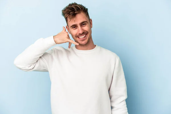 Young Caucasian Man Isolated Blue Background Showing Mobile Phone Call — Stock Photo, Image