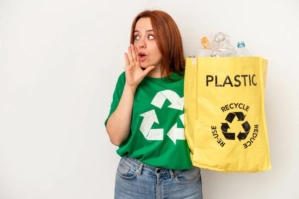 Young Caucasian Woman Recycled Plastic Isolated White Background Saying Secret — Stock fotografie