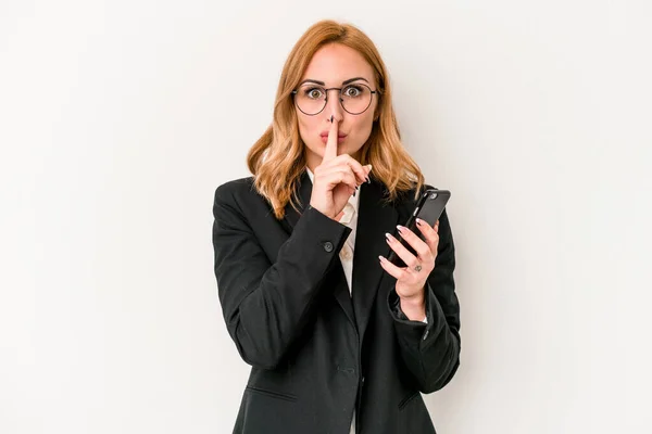 Young Business Caucasian Woman Holding Mobile Phone Isolated White Background — стоковое фото