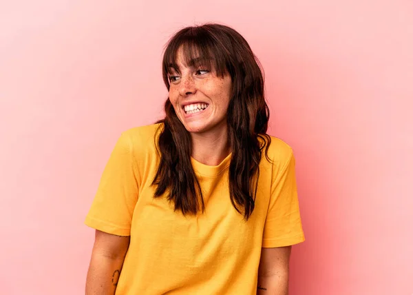 Young Argentinian Woman Isolated Pink Background Laughs Closes Eyes Feels —  Fotos de Stock