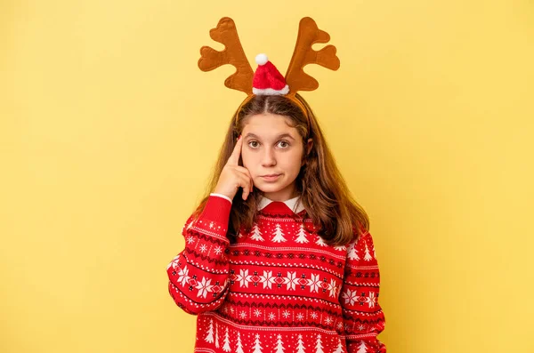 Little Caucasian Girl Wearing Christmas Reindeer Hat Isolated Yellow Background — 스톡 사진