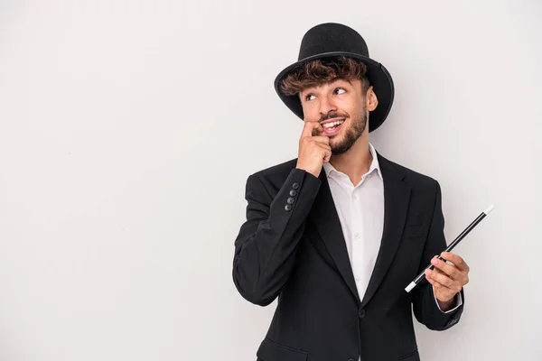 Young Arab Wizard Man Holding Wand Isolated White Background Relaxed — Stock fotografie