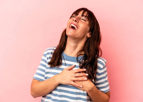 Young Argentinian Woman Isolated Pink Background Laughing Keeping Hands Heart —  Fotos de Stock