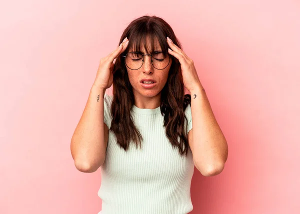 Young Argentinian Woman Isolated Pink Background Touching Temples Having Headache —  Fotos de Stock