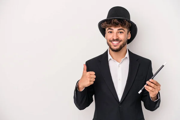 Young Arab Wizard Man Holding Wand Isolated White Background Smiling — Zdjęcie stockowe
