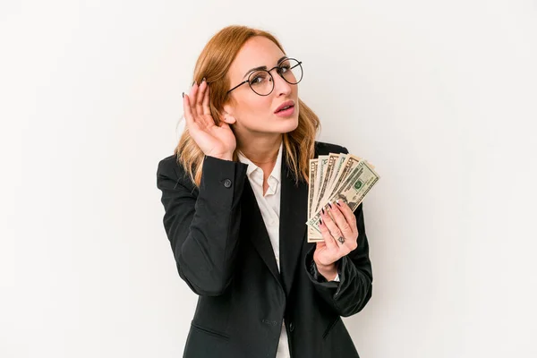 Young Business Caucasian Woman Holding Banknotes Isolated White Background Trying — Zdjęcie stockowe