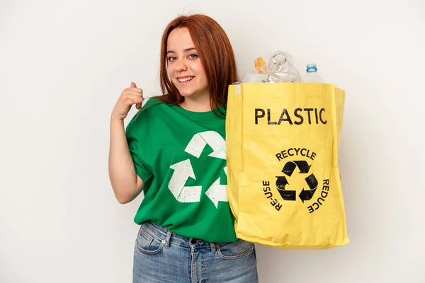 Young Caucasian Woman Recycled Plastic Isolated White Background Showing Mobile — Fotografia de Stock