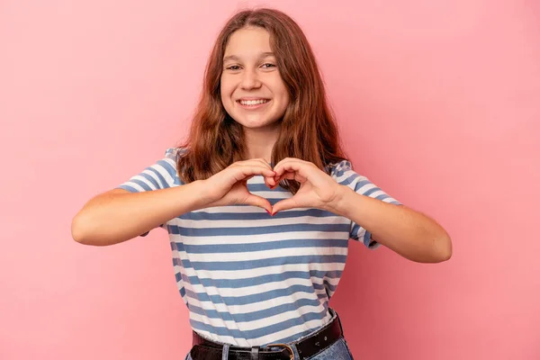 Little Caucasian Girl Isolated Pink Background Smiling Showing Heart Shape — Stock Photo, Image