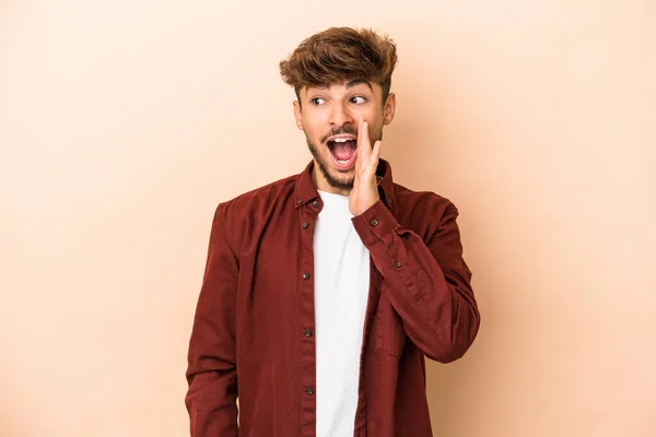Young Arab Man Isolated Beige Background Shouting Excited Front — 스톡 사진