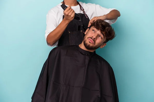 Young Arab Man Ready Get Haircut Isolated Blue Background — Stock Photo, Image