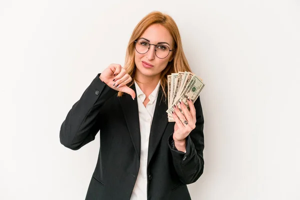 Young Business Caucasian Woman Holding Banknotes Isolated White Background Showing — Foto de Stock