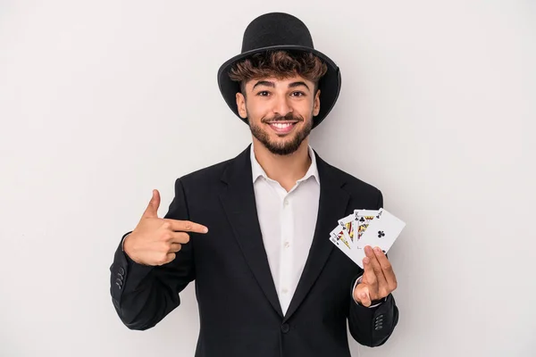 Young Arab Wizard Man Holding Magic Cards Isolated White Background — Stock fotografie