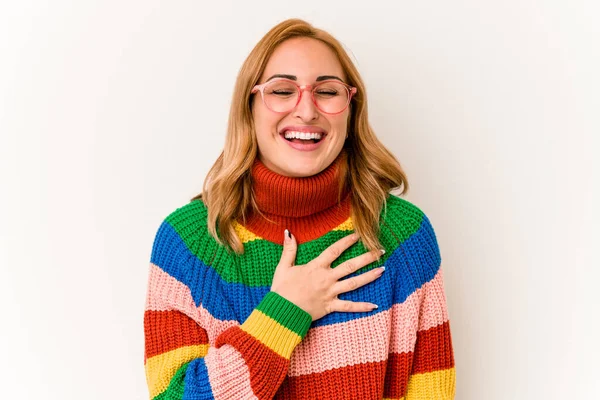 Young Caucasian Woman Wearing Sweater Stripes Isolated White Background Laughs — Zdjęcie stockowe