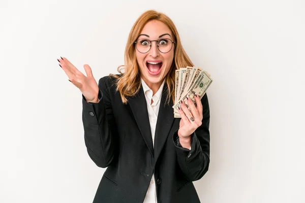 Young Business Caucasian Woman Holding Banknotes Isolated White Background Receiving — Zdjęcie stockowe