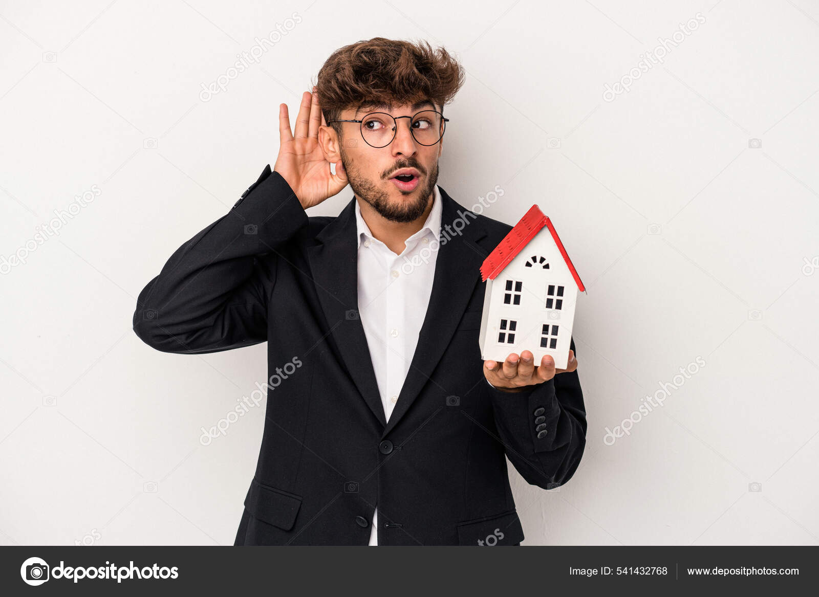 Young Arab Real Estate Man Holding Model House Isolated Isolated Stock