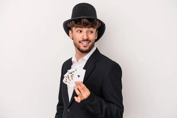 Young Arab Wizard Man Holding Magic Cards Isolated White Background — Photo