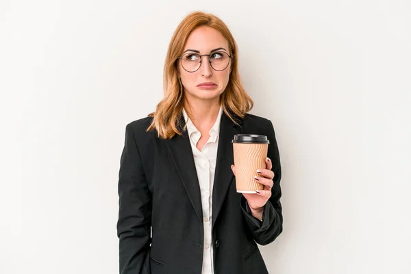 Young Business Caucasian Woman Holding Take Away Coffee Isolated White — стоковое фото