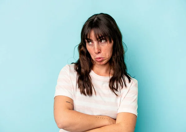 Young Argentinian Woman Isolated Blue Background Tired Repetitive Task —  Fotos de Stock