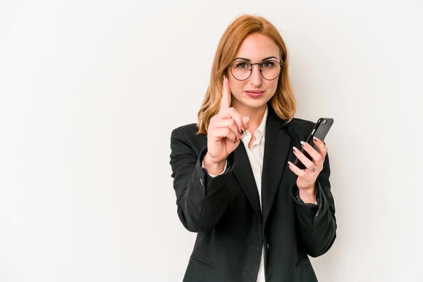 Young Business Caucasian Woman Holding Mobile Phone Isolated White Background — Stock Fotó