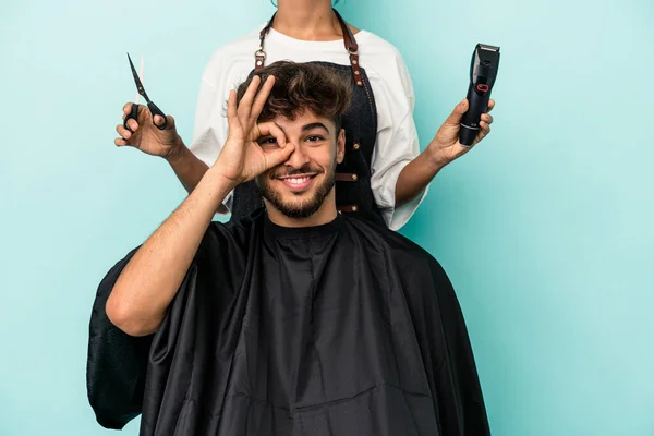 Young Arab Man Ready Get Haircut Isolated Blue Background Excited — Stock Photo, Image
