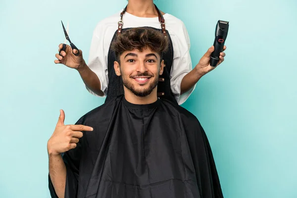 Young Arab Man Ready Get Haircut Isolated Blue Background Person — Stock Photo, Image
