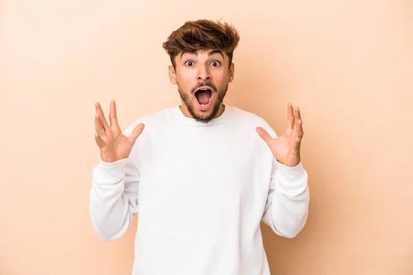 Young Arab Man Isolated Beige Background Celebrating Victory Success Surprised — Stock fotografie