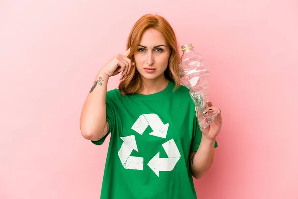 Young Caucasian Woman Recycled Plastic Isolated Pink Background — Stok Foto