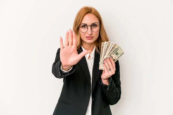 Young Business Caucasian Woman Holding Banknotes Isolated White Background Standing — Foto de Stock