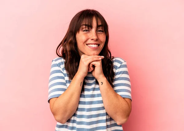 Young Argentinian Woman Isolated Pink Background Keeps Hands Chin Looking —  Fotos de Stock