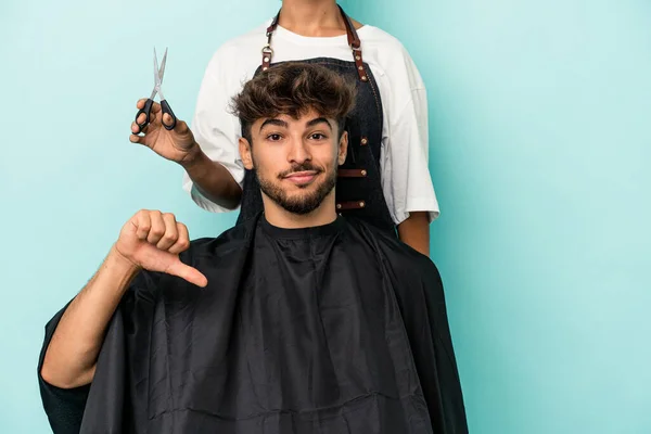 Young Arab Man Ready Get Haircut Isolated Blue Background Showing — 图库照片