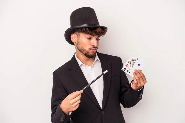 Young Arab Wizard Man Holding Magic Cards Wand Isolated White — Stock fotografie