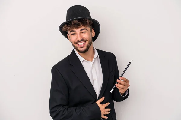 Young Arab Wizard Man Holding Wand Isolated White Background Laughing — 图库照片